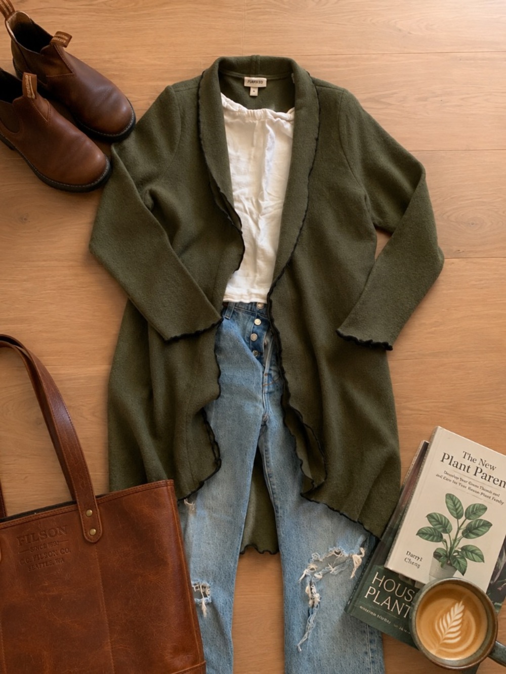 Venario Open-Front Olive Green Long 100% Wool Duster Cardigan L